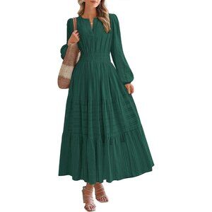 WomenHunter GreenLong Sleeve V Neck Elastic Waist Lightweight Maxi Dress Pockets